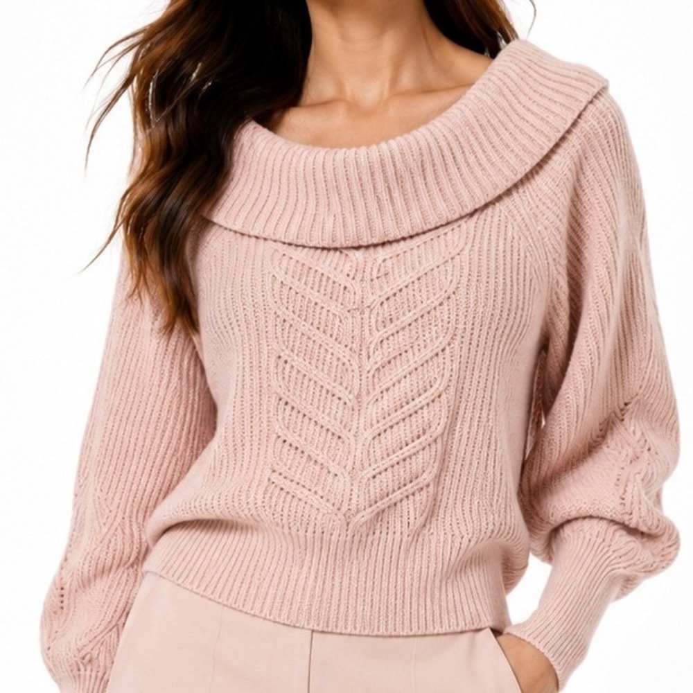 White House Black Market Pink Cowl Neck Cashmere Wool Blend Cable Knit Sweater L